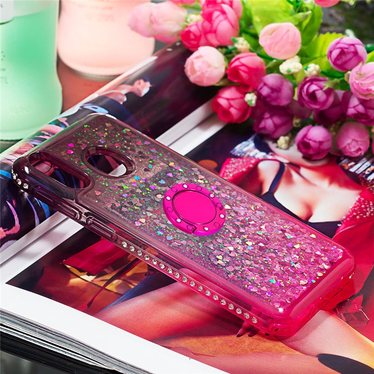 Rhinestone Decor Gradient Glitter Powder Quicksand TPU Cover with Finger Ring Buckle for Samsung Galaxy M20 - Brown/Red-2