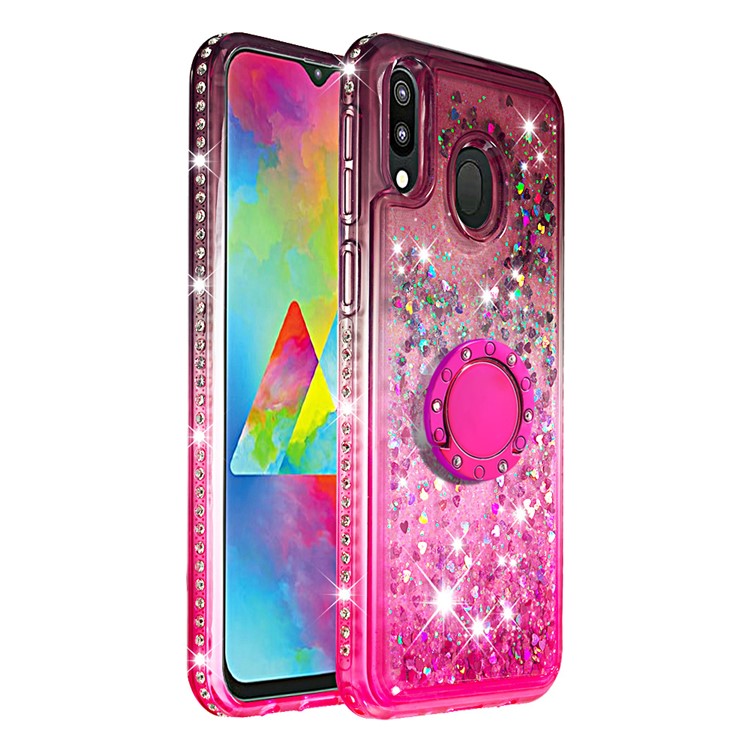 Rhinestone Decor Gradient Glitter Powder Quicksand TPU Cover with Finger Ring Buckle for Samsung Galaxy M20 - Brown/Red-3