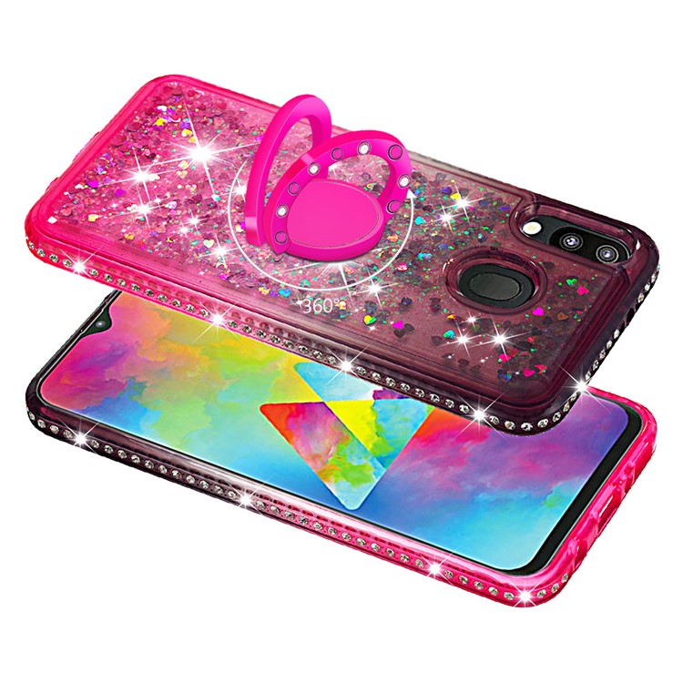 Rhinestone Decor Gradient Glitter Powder Quicksand TPU Cover with Finger Ring Buckle for Samsung Galaxy M20 - Brown/Red-4