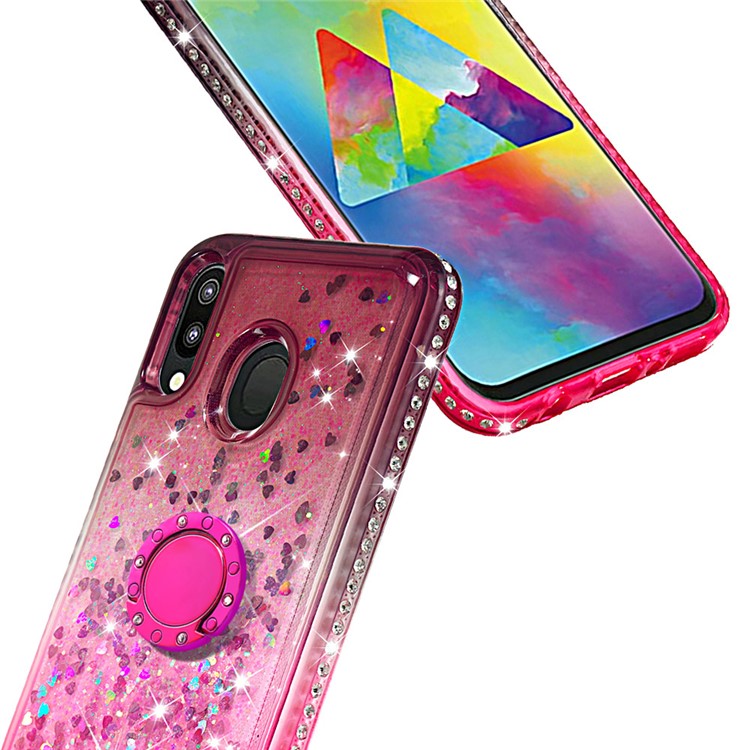 Rhinestone Decor Gradient Glitter Powder Quicksand TPU Cover with Finger Ring Buckle for Samsung Galaxy M20 - Brown/Red-5