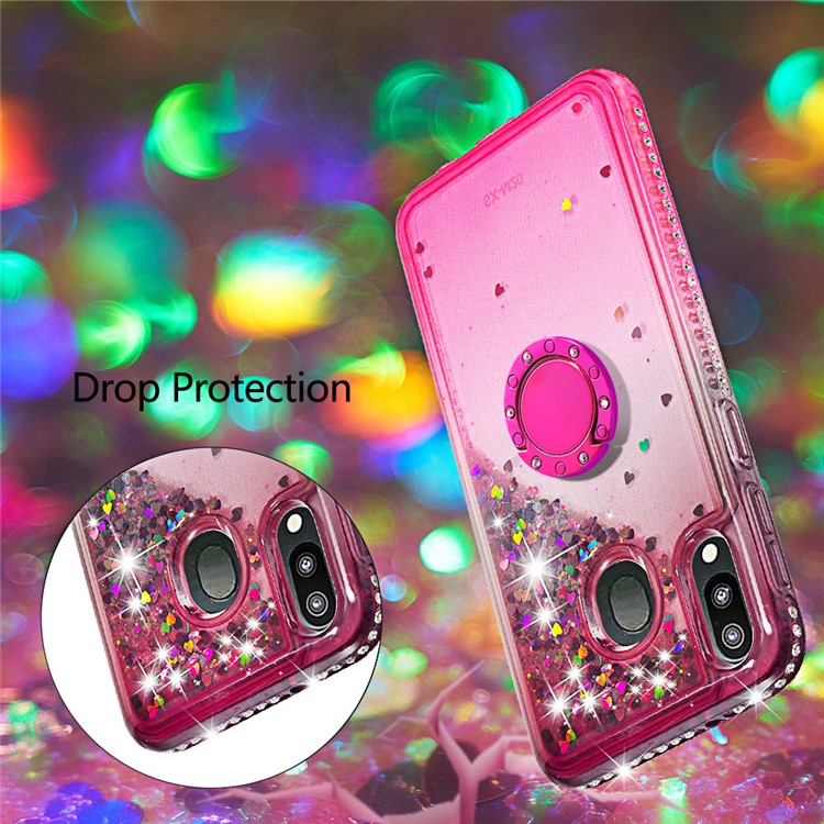 Rhinestone Decor Gradient Glitter Powder Quicksand TPU Cover with Finger Ring Buckle for Samsung Galaxy M20 - Brown/Red-6