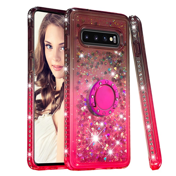 Rhinestone Decor Gradient Glitter Powder Quicksand TPU Case with Finger Ring Buckle for Samsung Galaxy S10 - Brown/Red-1