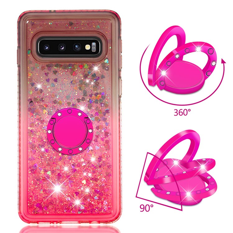 Rhinestone Decor Gradient Glitter Powder Quicksand TPU Case with Finger Ring Buckle for Samsung Galaxy S10 - Brown/Red-2