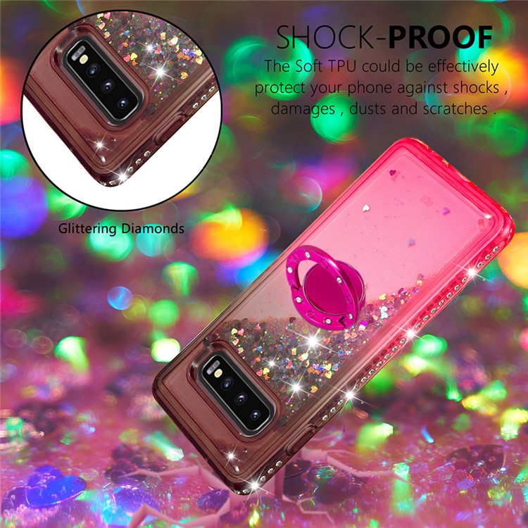 Rhinestone Decor Gradient Glitter Powder Quicksand TPU Case with Finger Ring Buckle for Samsung Galaxy S10 - Brown/Red-3