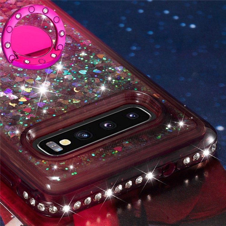 Rhinestone Decor Gradient Glitter Powder Quicksand TPU Case with Finger Ring Buckle for Samsung Galaxy S10 - Brown/Red-5