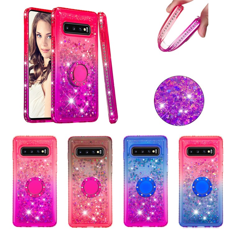 Rhinestone Decor Gradient Glitter Powder Quicksand TPU Case with Finger Ring Buckle for Samsung Galaxy S10 - Brown/Red-6