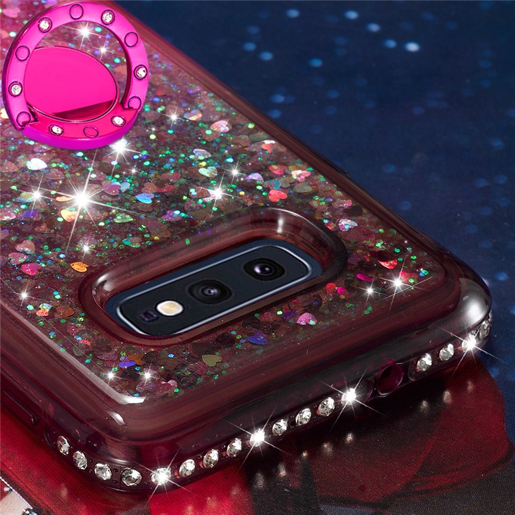 Rhinestone Decor Gradient Glitter Powder Quicksand TPU Shell with Finger Ring Buckle for Samsung Galaxy S10e - Brown/Red-4