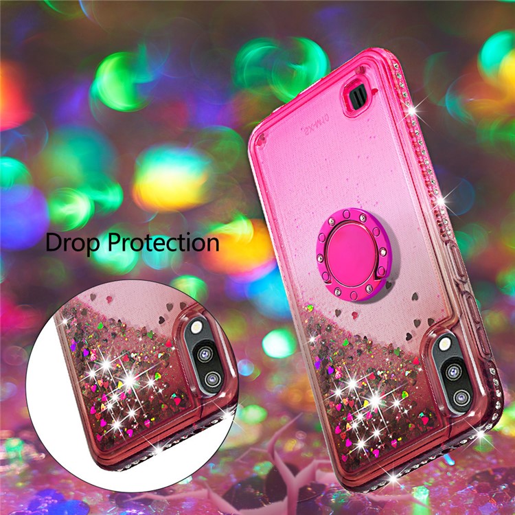 Rhinestone Decor Gradient Glitter Powder Quicksand TPU Cover with Finger Ring Buckle for Samsung Galaxy A10/M10 - Brown/Red-6