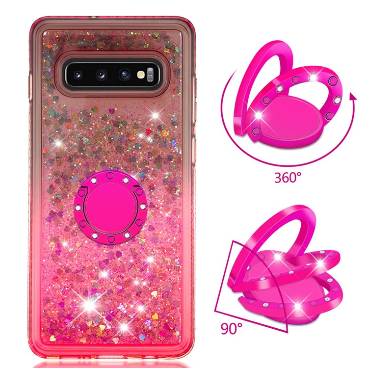 Rhinestone Decor Gradient Glitter Powder Quicksand TPU Case with Finger Ring Buckle for Samsung Galaxy S10 Plus - Brown/Red-2