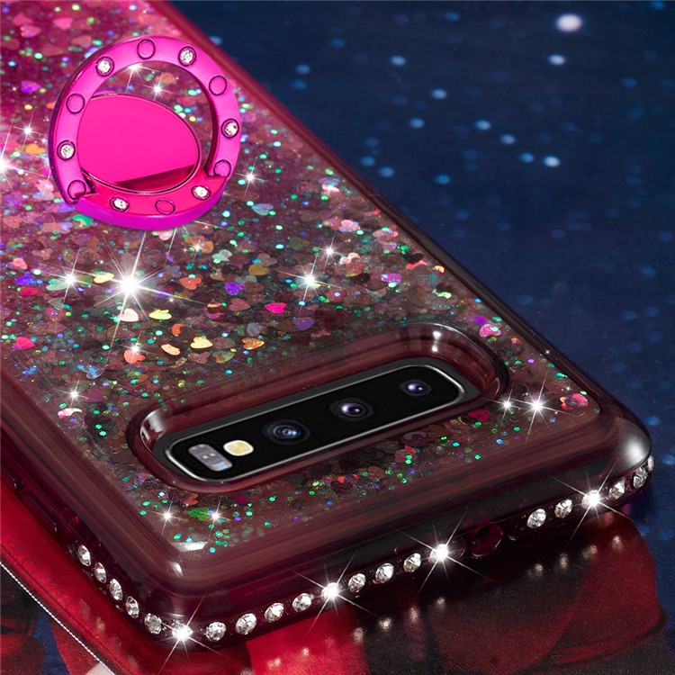 Rhinestone Decor Gradient Glitter Powder Quicksand TPU Case with Finger Ring Buckle for Samsung Galaxy S10 Plus - Brown/Red-5