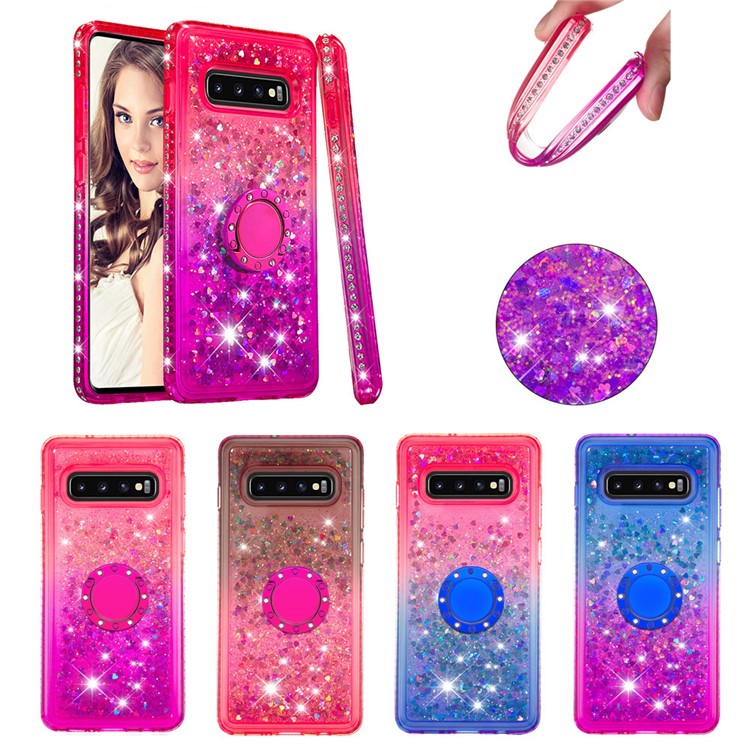 Rhinestone Decor Gradient Glitter Powder Quicksand TPU Case with Finger Ring Buckle for Samsung Galaxy S10 Plus - Brown/Red-6