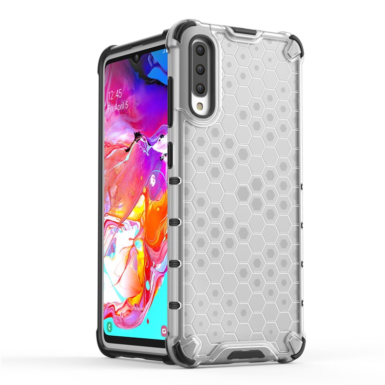 Honeycomb Pattern Shock-proof TPU + PC + Silicone Hybrid Phone Cover for Samsung Galaxy A70 - White-3