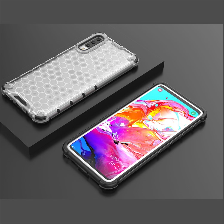 Honeycomb Pattern Shock-proof TPU + PC + Silicone Hybrid Phone Cover for Samsung Galaxy A70 - White-9