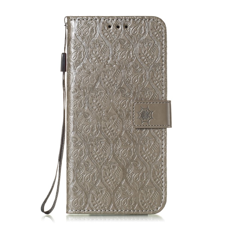 Imprint Leaf Leather Wallet Case for Samsung Galaxy M20 - Grey-2