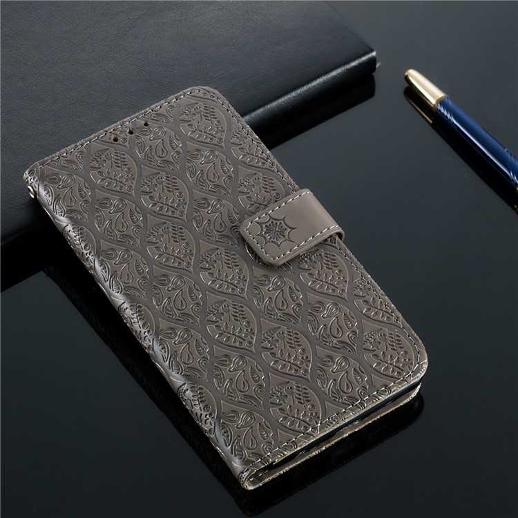 Imprint Leaf Leather Wallet Case for Samsung Galaxy M20 - Grey-9