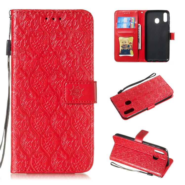 

Imprint Leaf Leather Wallet Case for Samsung Galaxy M20 - Red, Galaxy M20