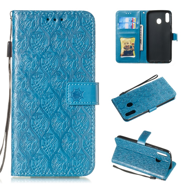 

Imprint Leaf Leather Wallet Case for Samsung Galaxy M20 - Baby Blue, Galaxy M20