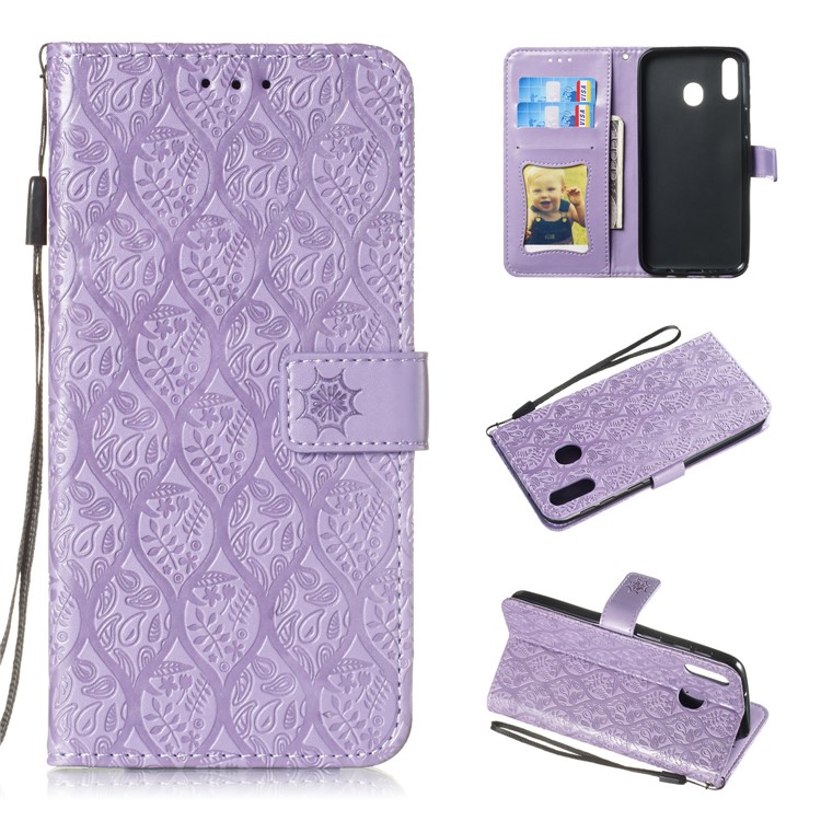 

Imprint Leaf Leather Wallet Case for Samsung Galaxy M20 - Purple, Galaxy M20