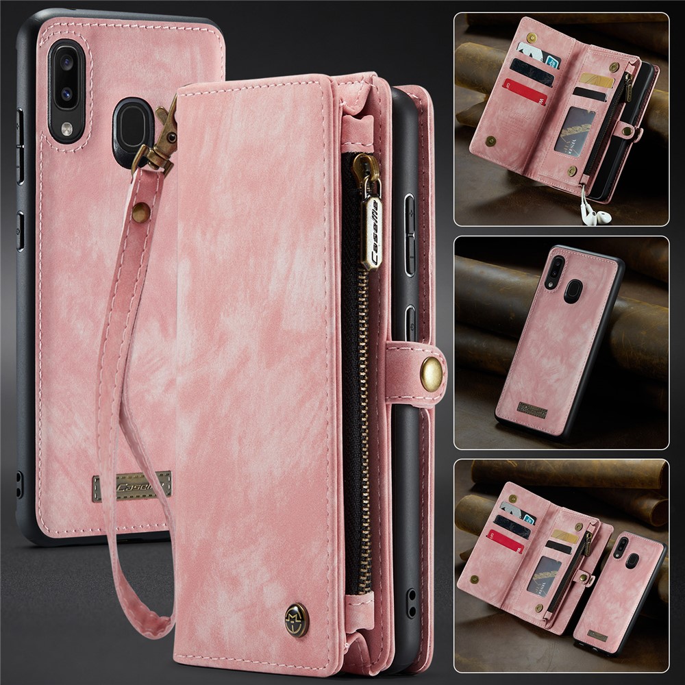 CASEME 008 Series for Samsung Galaxy A20 / 30 PU Leather Magnetic Detachable Zipper Case Multi-slot Wallet Stand Flip Phone Cover - Pink