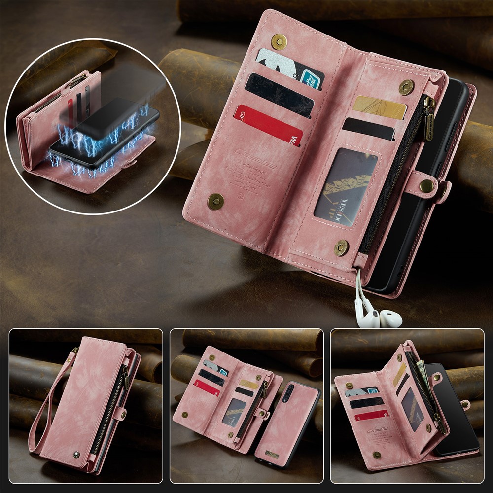 CASEME 008 Series for Samsung Galaxy A70 PU Leather Magnetic Detachable Zipper Phone Case Multi-slot Wallet Stand Cover - Pink