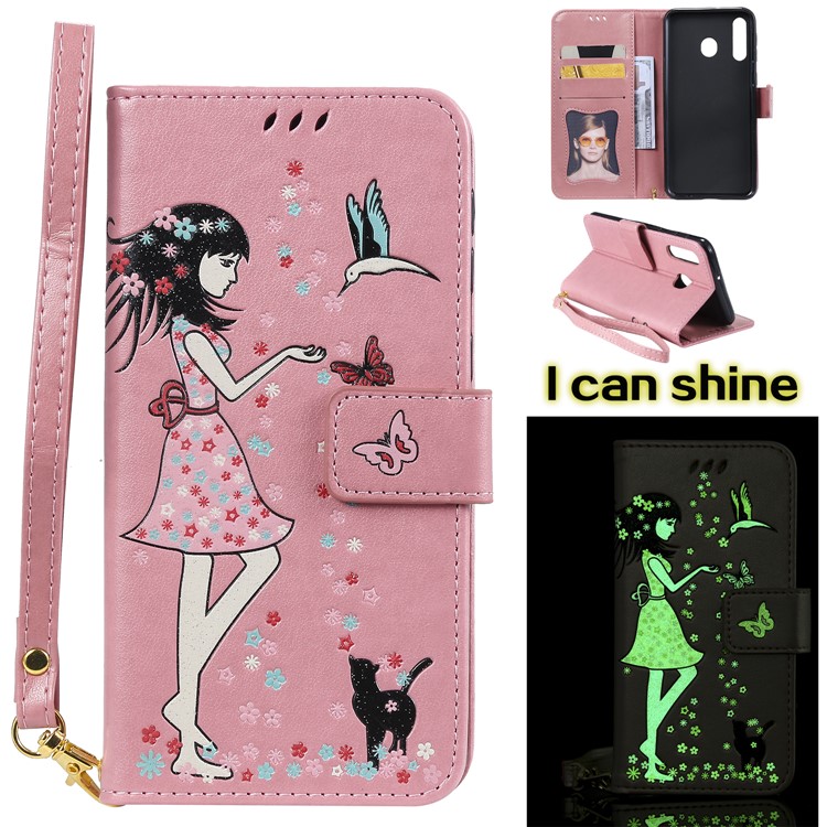 

Luminous Women and Cat Pattern PU Leather Wallet Phone Stand Case for Samsung Galaxy M30 - Pink, Galaxy M30