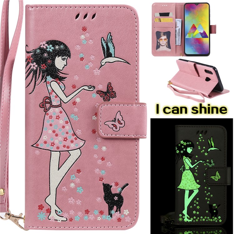 

Luminous Women and Cat Pattern PU Leather Wallet Phone Stand Case for Samsung Galaxy M20 - Pink, Galaxy M20