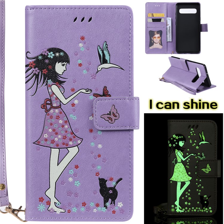 

Luminous Women and Cat Pattern PU Leather Wallet Phone Stand Case for Samsung Galaxy S10 5G - Purple, Galaxy S10 5G