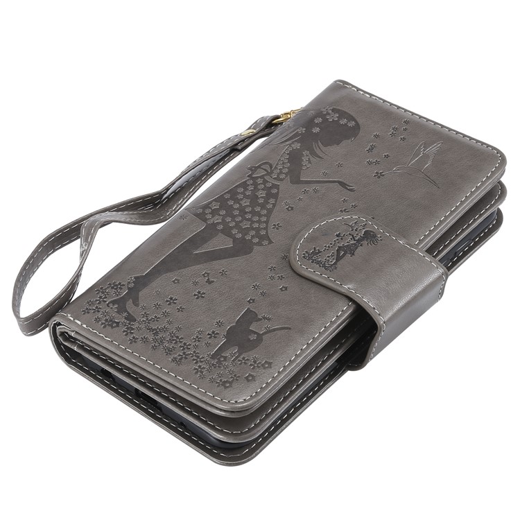 Imprinted Beauty Cat 9 Card Slots Leather Stand Case for Samsung Galaxy M10/A10 - Grey-8