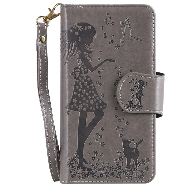 Imprinted Beauty Cat 9 Card Slots Leather Stand Case for Samsung Galaxy M20 - Grey-2