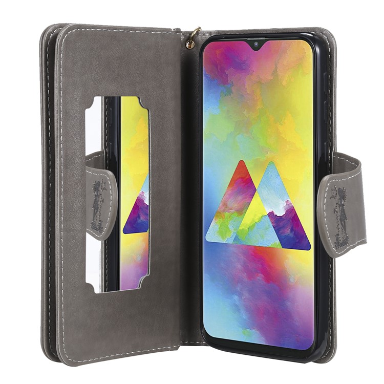 Imprinted Beauty Cat 9 Card Slots Leather Stand Case for Samsung Galaxy M20 - Grey-5