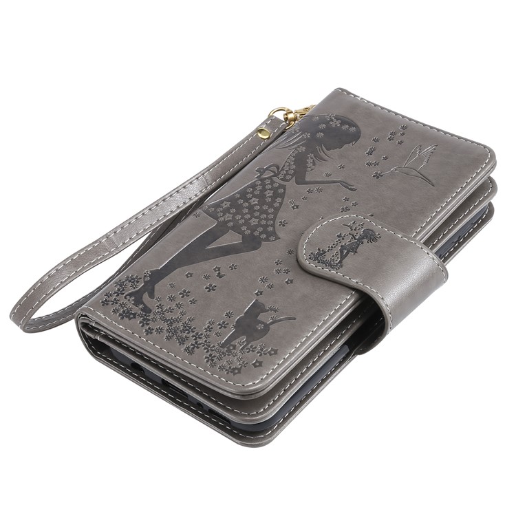 Imprinted Beauty Cat 9 Card Slots Leather Stand Case for Samsung Galaxy M20 - Grey-8