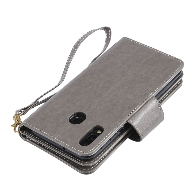 Imprinted Beauty Cat 9 Card Slots Leather Stand Case for Samsung Galaxy M20 - Grey-9