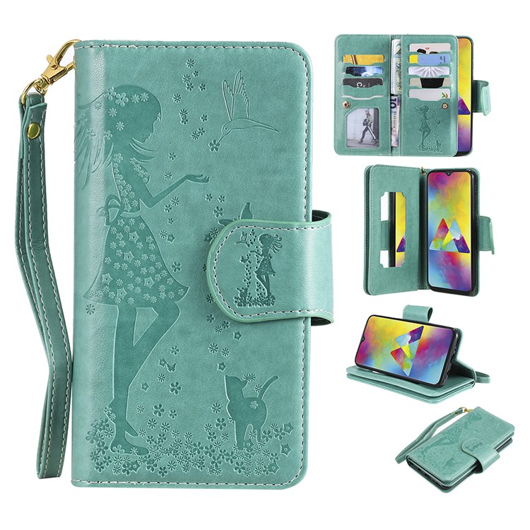 

Imprinted Beauty Cat 9 Card Slots Leather Stand Case for Samsung Galaxy M20 - Cyan, Galaxy M20