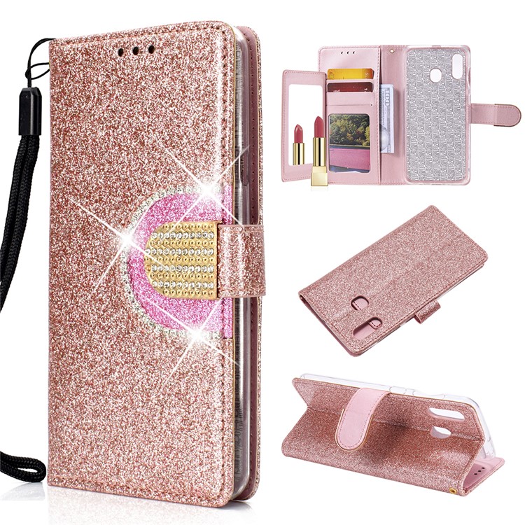 

Glittery Powder Rhinestone Decor Mirror Wallet Phone Case for Samsung Galaxy A20 / A30 - Rose Gold, Galaxy A20