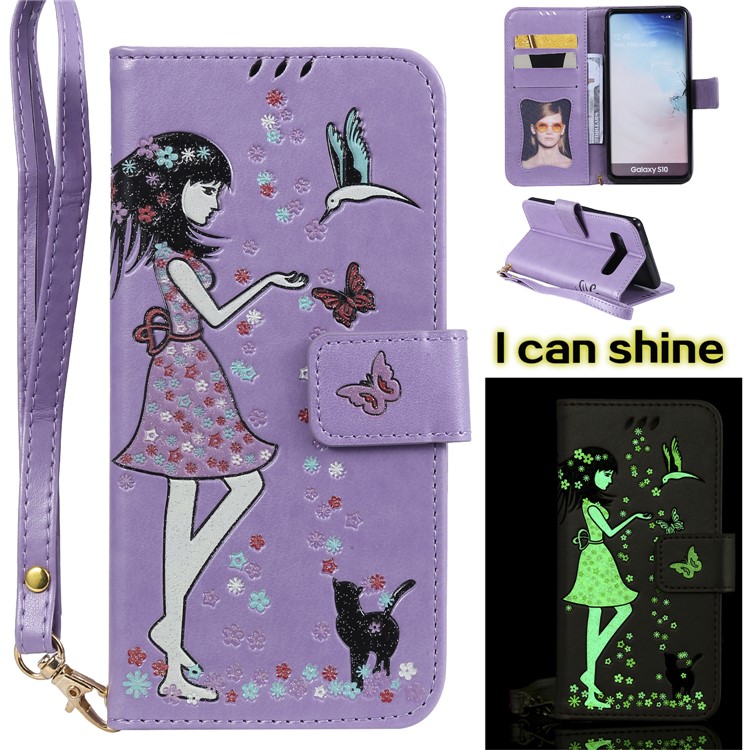 

Noctilucent Imprint Women and Cat Pattern Wallet Stand Leather Protective Case for Samsung Galaxy S10 - Purple, Galaxy S10