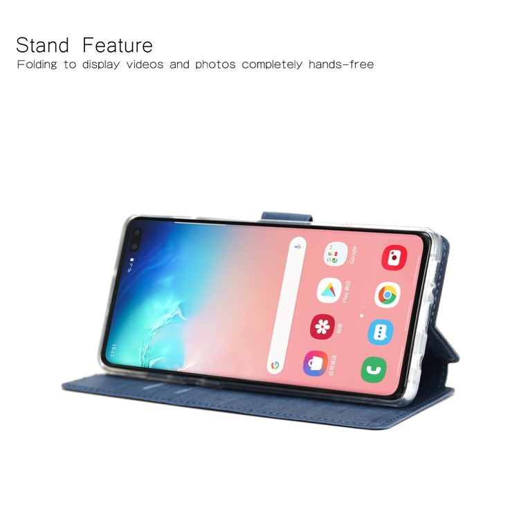 Wood Grain PU Leather Stand Card Slots TPU Phone Shell with Hang Rope for Samsung Galaxy S10 Plus - Blue-3