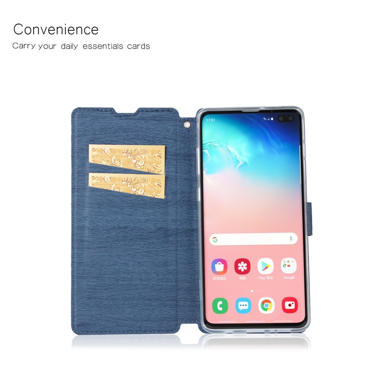 Wood Grain PU Leather Stand Card Slots TPU Phone Case with Hang Rope for Samsung Galaxy S10 - Blue-11