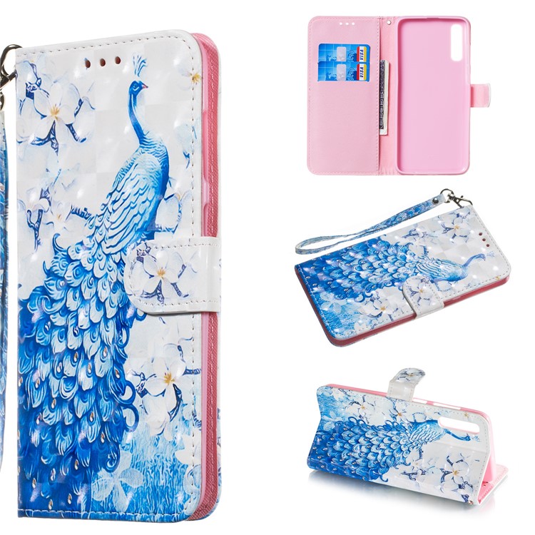 Light Spot Decor Patterned Leather Wallet Case for Samsung Galaxy A70 - Peacock-1