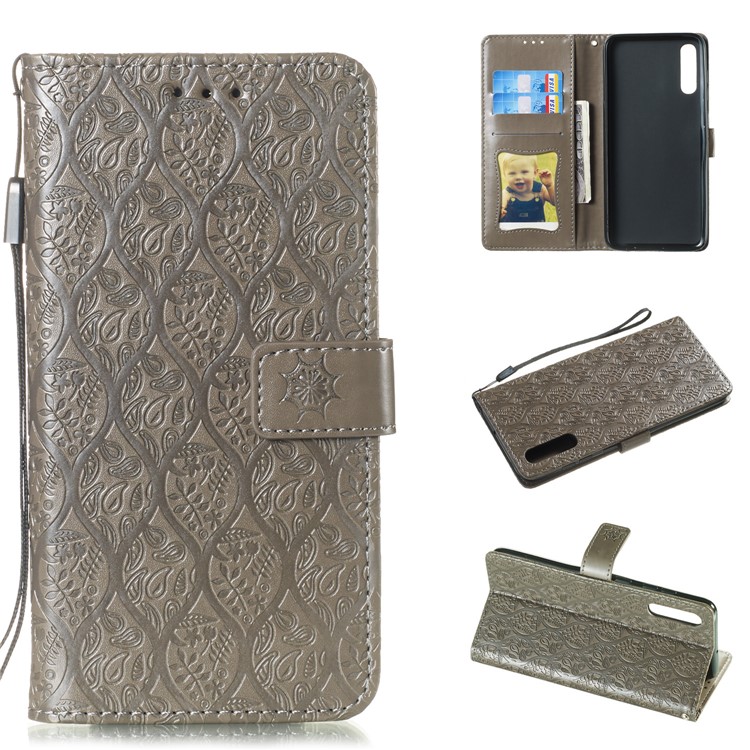 Imprint Leaf Leather Wallet Stand Case for Samsung Galaxy A70 - Grey-1