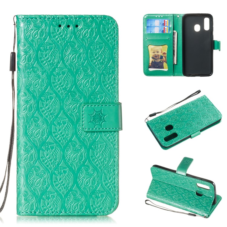 

Imprint Leaf Leather Wallet Stand Case for Samsung Galaxy A40 - Green, Galaxy A40