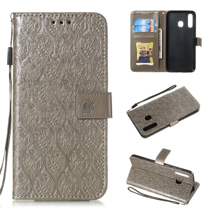 Imprint Leaf Leather Wallet Stand Case for Samsung Galaxy A20 / A30 - Grey-1