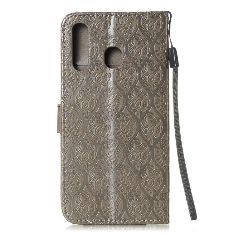 Imprint Leaf Leather Wallet Stand Case for Samsung Galaxy A20 / A30 - Grey-3