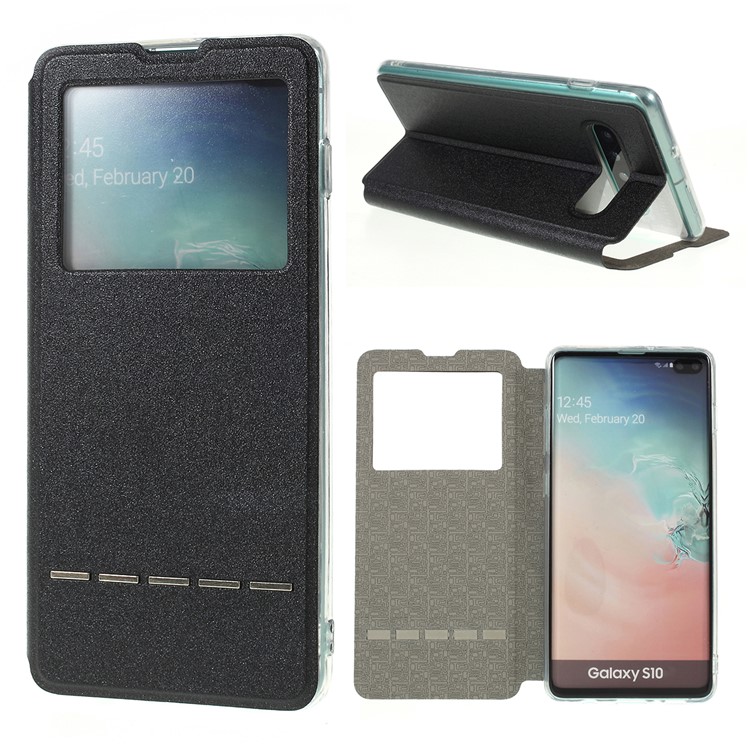 View Window PU Leather Stand Phone Shell with Touch Slide Button for Samsung Galaxy S10 - Black-1