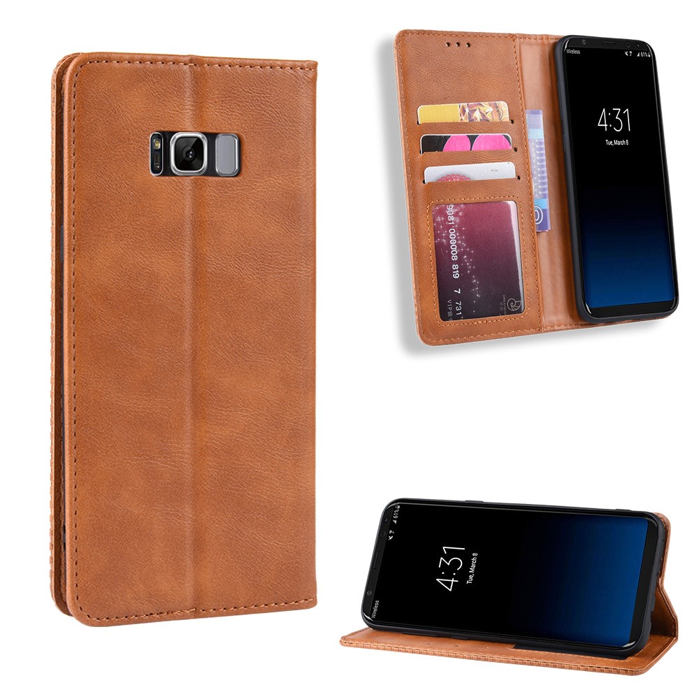 Auto-absorbed Vintage Leather Wallet Stand Shell for Samsung Galaxy S8 - Brown-1