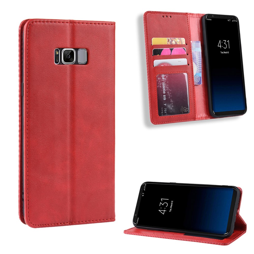 Auto-absorbed Vintage Leather Wallet Stand Shell for Samsung Galaxy S8 - Red