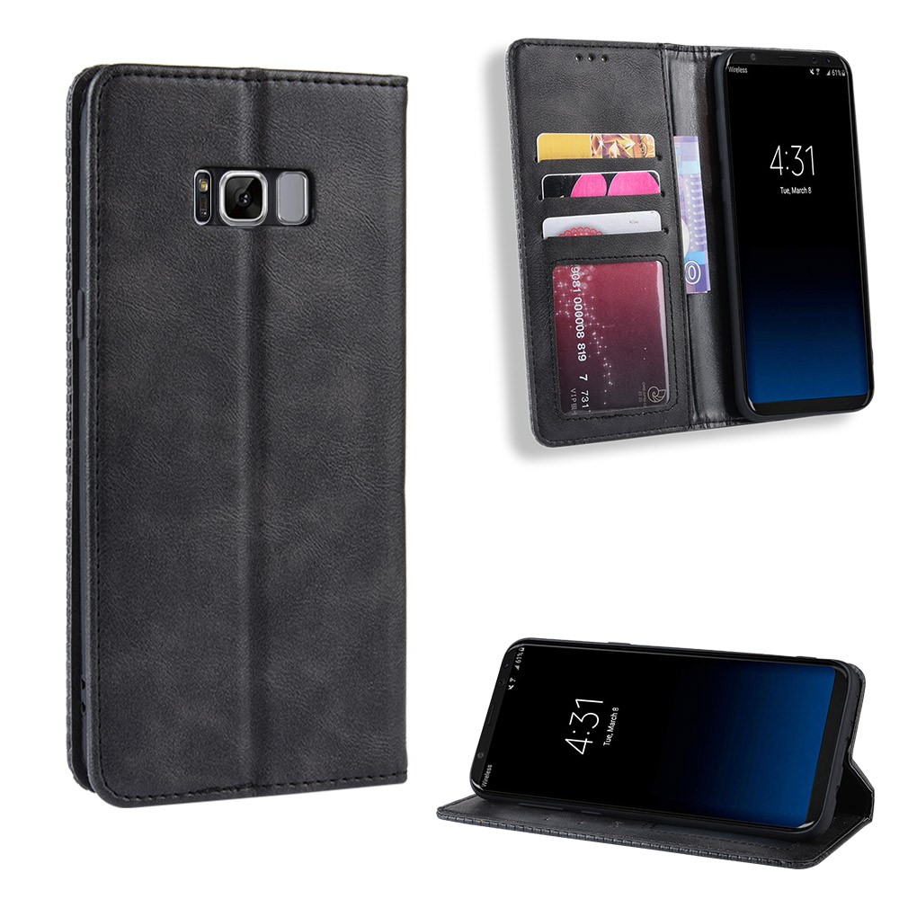 Auto-absorbed Vintage Leather Wallet Stand Shell for Samsung Galaxy S8 - Black