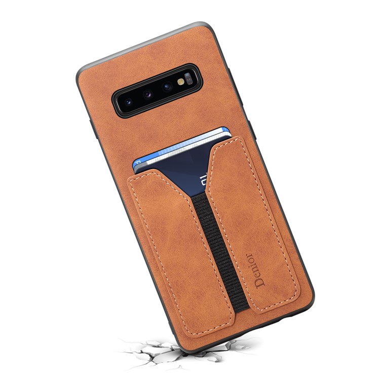 DENIOR Elastic Card Slot PU Leather Coated TPU Phone Casing for Samsung Galaxy S10 Plus - Brown-2