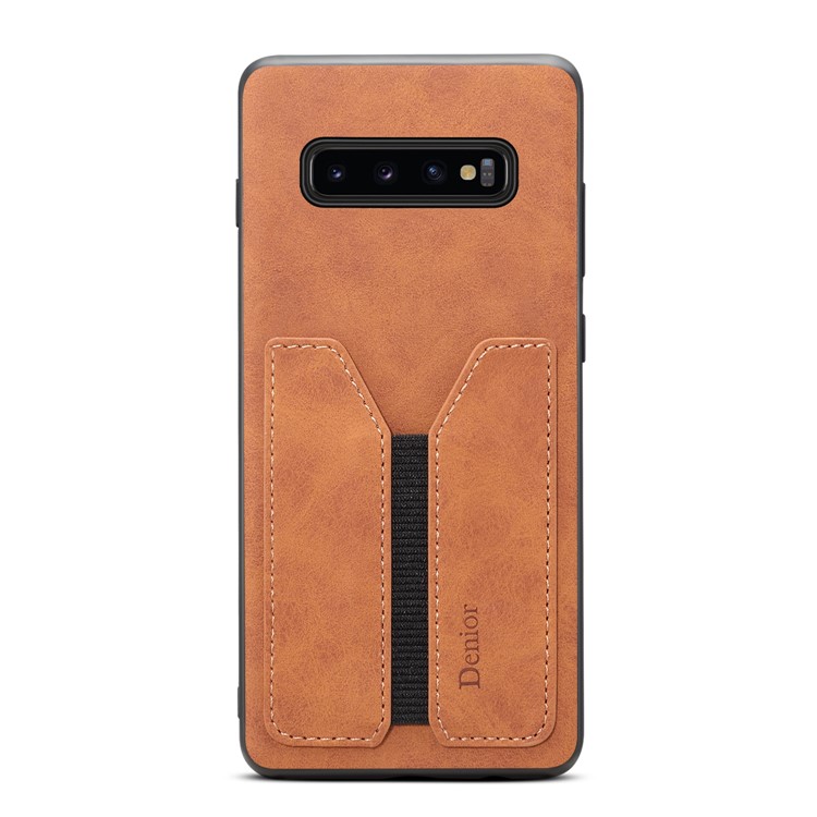 DENIOR Elastic Card Slot PU Leather Coated TPU Phone Casing for Samsung Galaxy S10 Plus - Brown-3