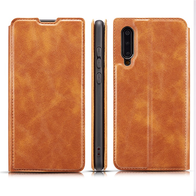 Ultra-thin Simple Style Leather Flip Phone Cover Case with Card Slots for Samsung Galaxy A50 - Brown-1