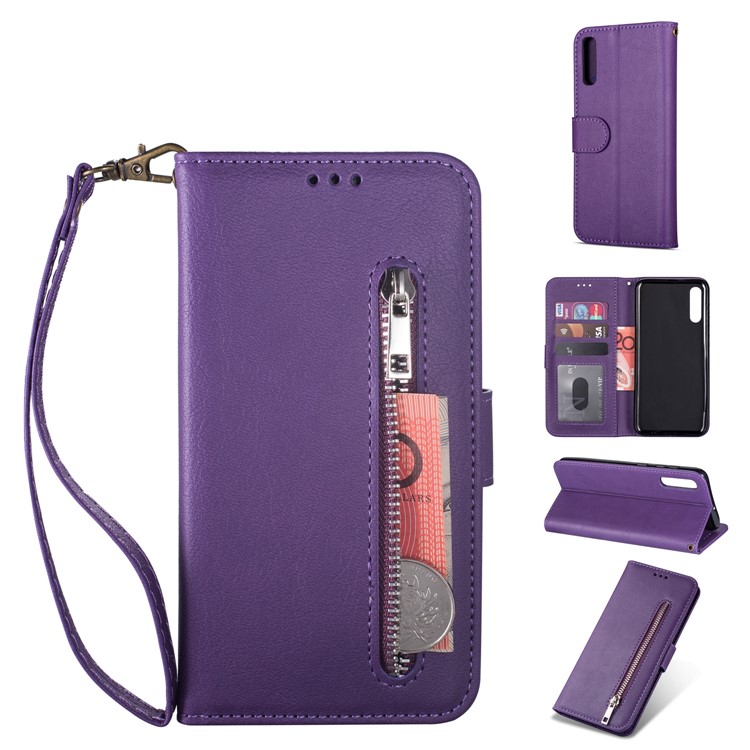Zipper Pocket Wallet Stand Flip Leather Phone Shell with Strap for Samsung Galaxy A70 - Purple-1